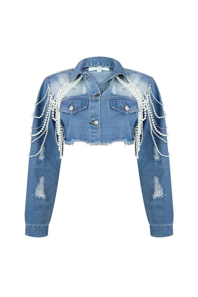 Chain Fashion Denim Coat Short Jacket - M, Denim Blue image