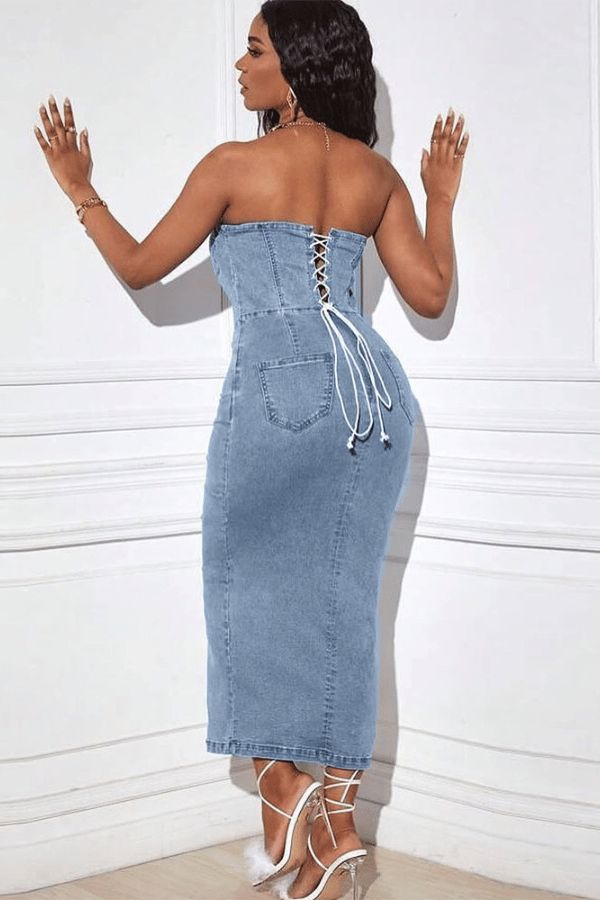 Sculpted Strapless Denim Dress image 2