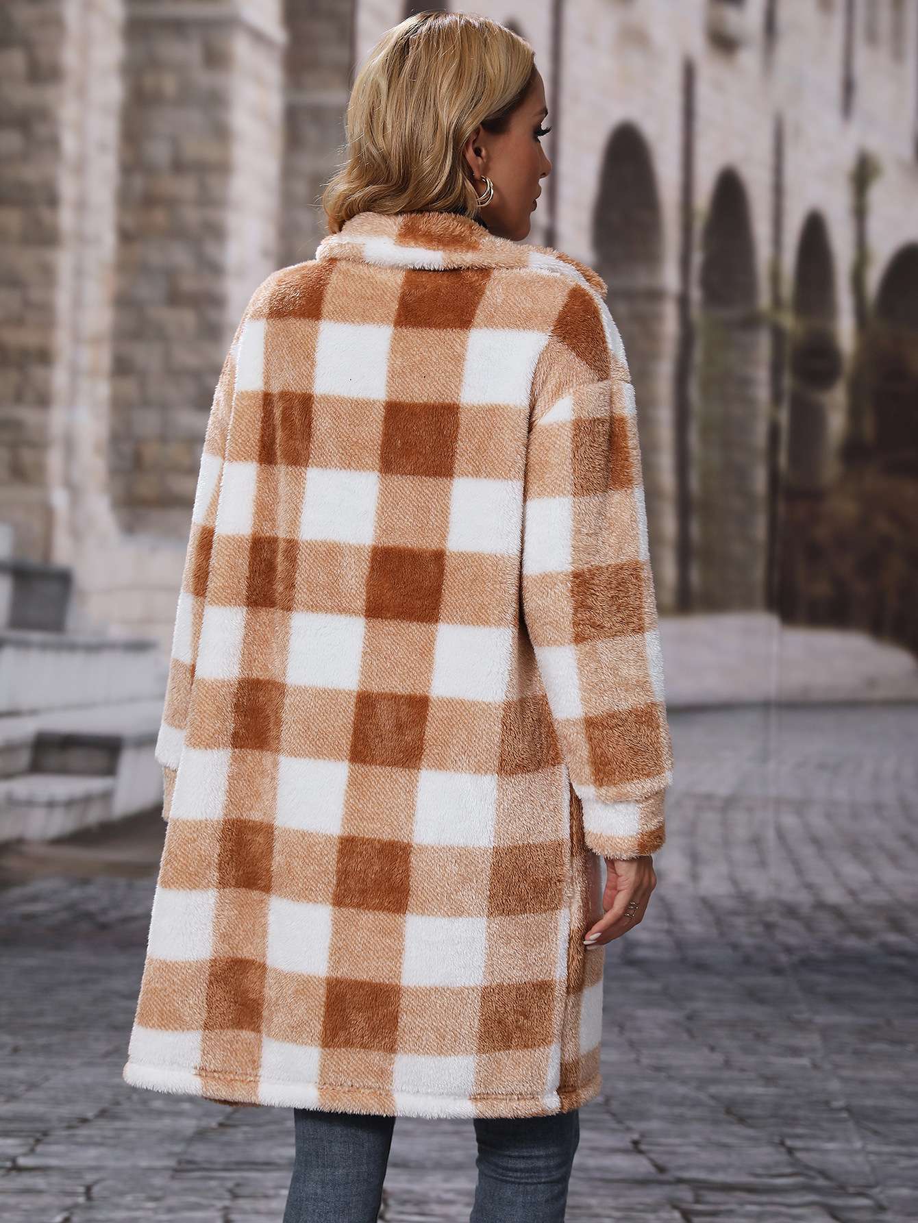 Casual Faux Shearling Midi Long Plaid Shirt Coats image 2