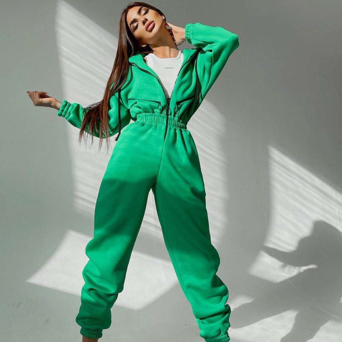 Zipper Jumpsuit Hoodies One Piece Outfit - XL, Jade Green image