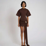 Short Dress with Draped Detail - S, Brown image