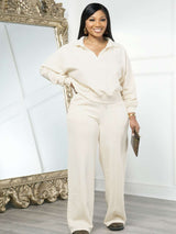 Loose V Neck Sweatshirt & Pants Set - M, Off-White image