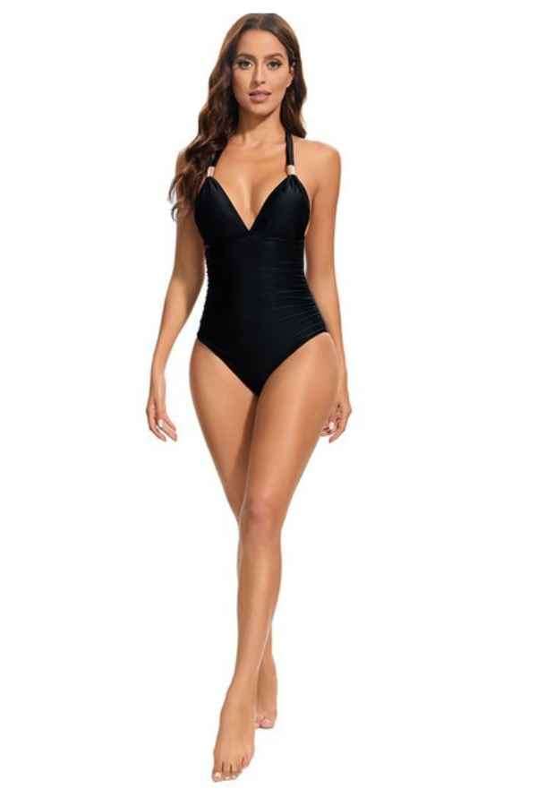Sexy Deep-V Halter Neck Plain One Piece Bikini Swimsuit image 4