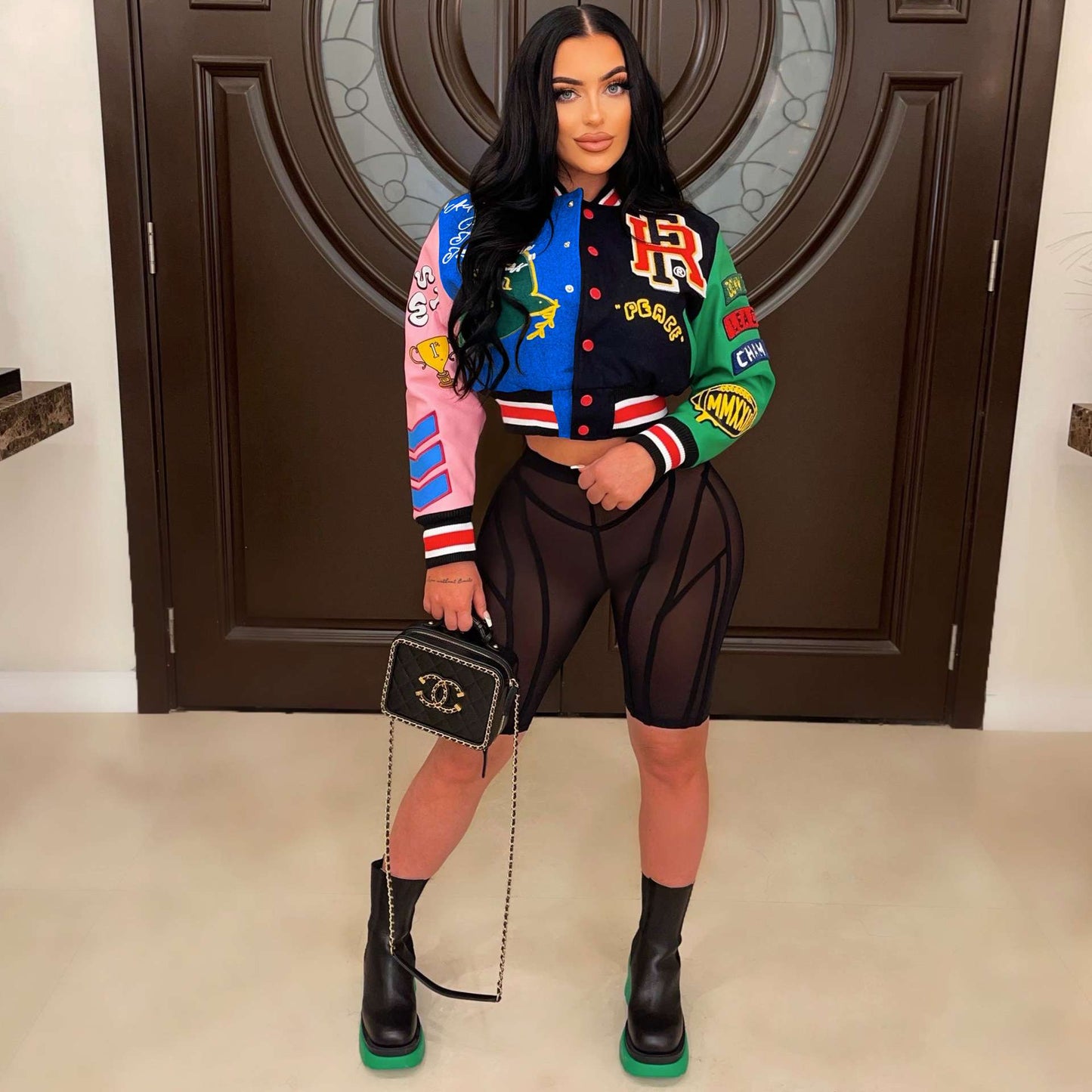 Button Up Printed Crop Bomber Jacket - M, Multi Blue image