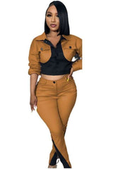 Casual Patchwork Long Sleeve Top and Pants Set - M, Copper Brown image