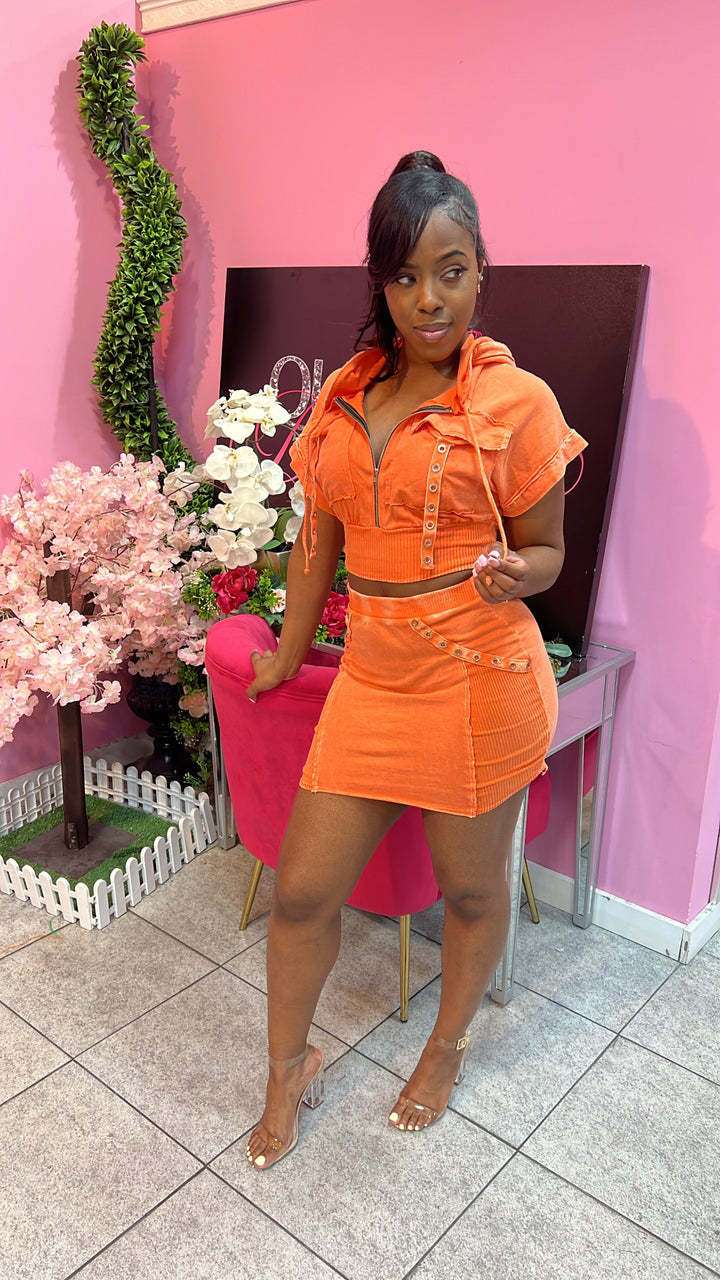 Zip-Up Cropped Jacket & Mini Skirt Set - L, Orange image