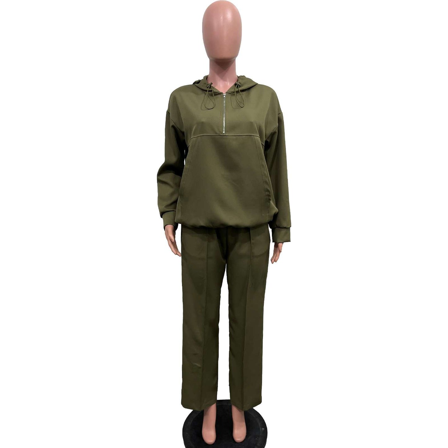 Casual Army Green Hooded Long Sleeve  Pull-On Two Piece Sets image 4