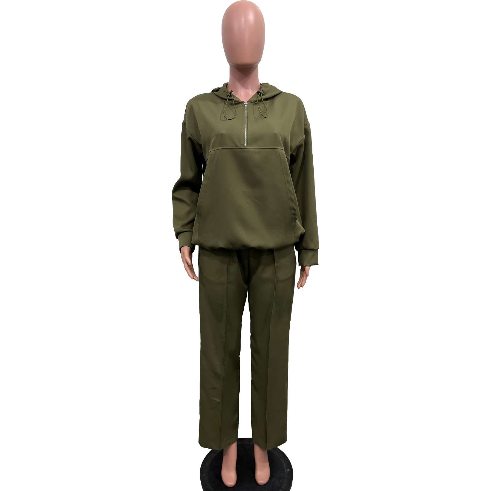 Casual Army Green Hooded Long Sleeve  Pull-On Two Piece Sets image 4