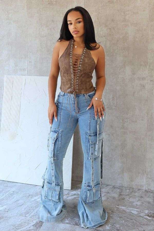 Wide Leg Flare Bell Bottom Denim Cargo image 0