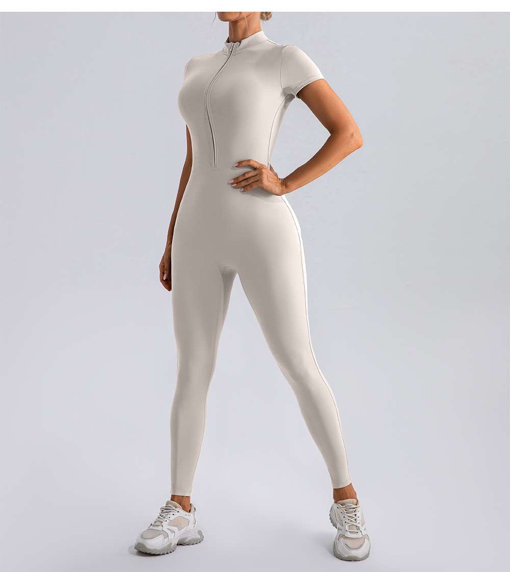 Short-Sleeve Athletic Jumpsuit with Front Zip - M, White image