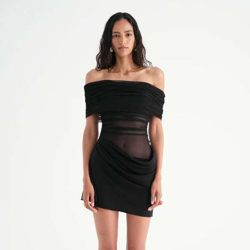 Ruched Mini Dress with Asymmetrical Draping - S, Black image