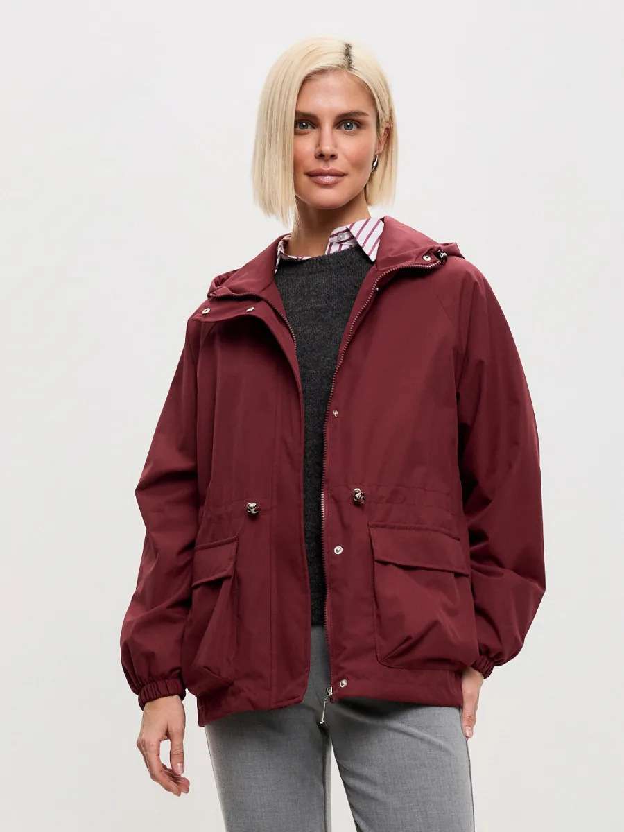 Hooded Windbreaker with Multiple Pockets - L, Wine Red image