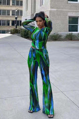 Streetwear Printed Long Sleeve Loungewear Set - M, Multi Green image