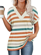 Casual V-Neck Striped Short-Sleeve Top - S, Multi image
