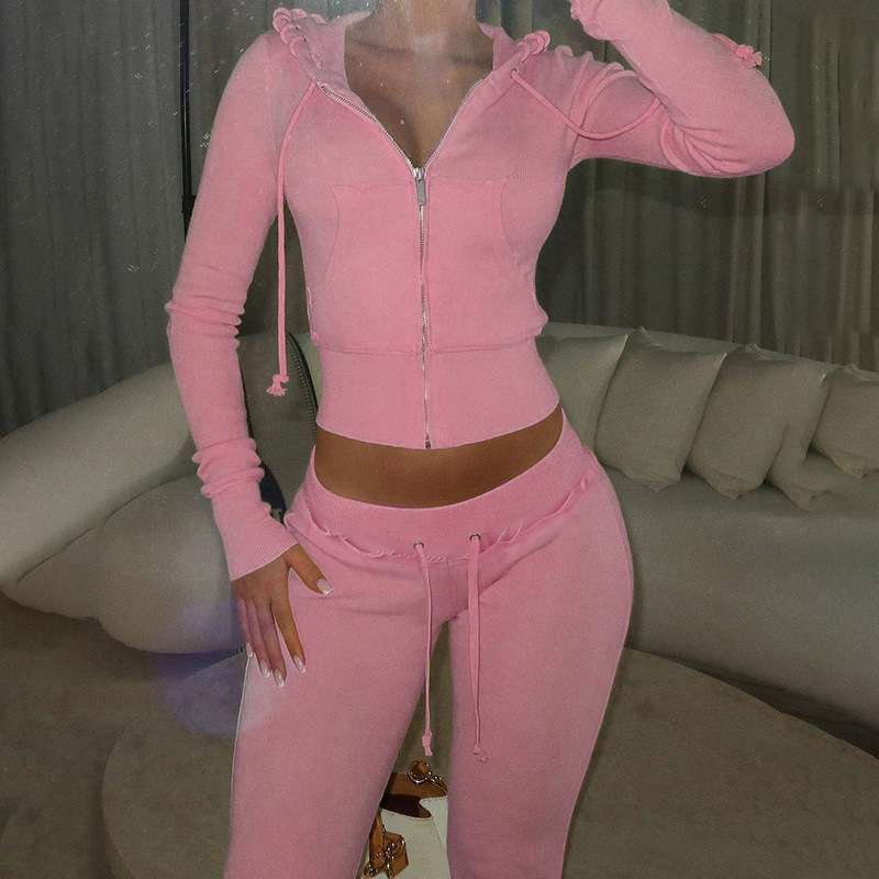 Contrast Patchwork Zipper Top Drawstring Pants Set - XL, Pink image