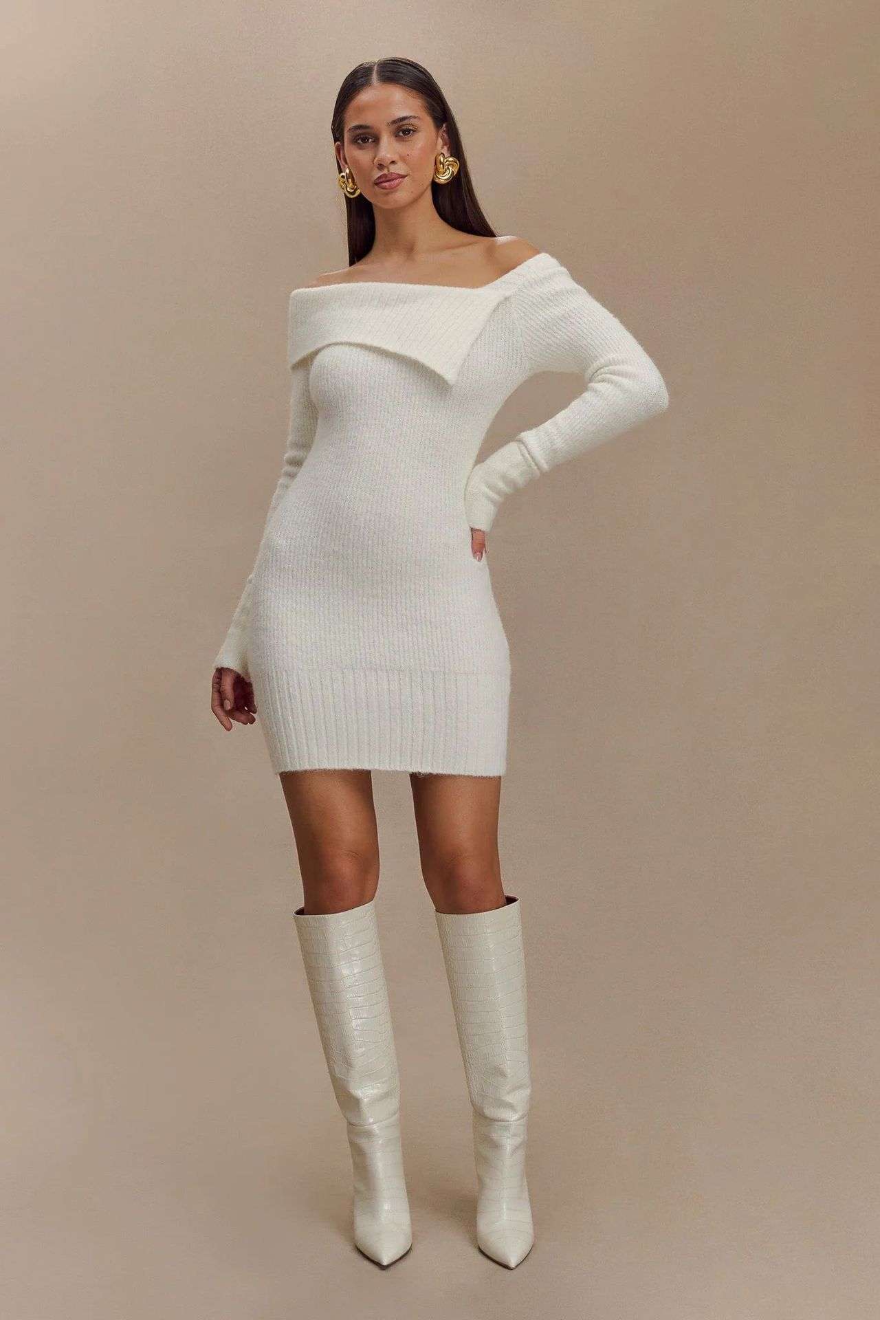 Solid Off-Shoulder Bodycon Dress - S, White image