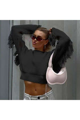 Loose Casual Pullover Fringe Sweater - L, Black image