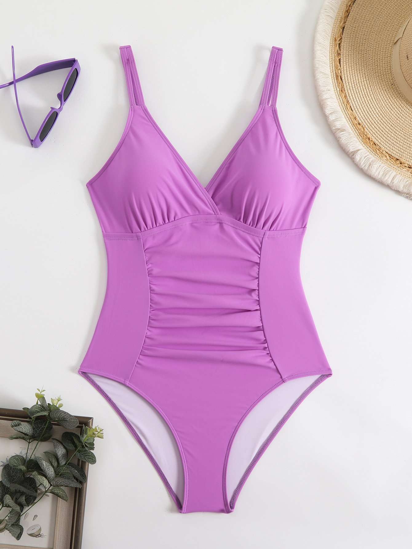 Ruched One-Piece Swimsuit - L, Purple image