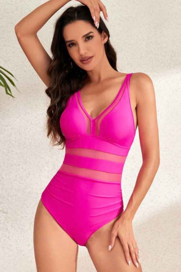 Sexy Mesh Patched V-Neck One Piece Swimsuit Bikini image 7