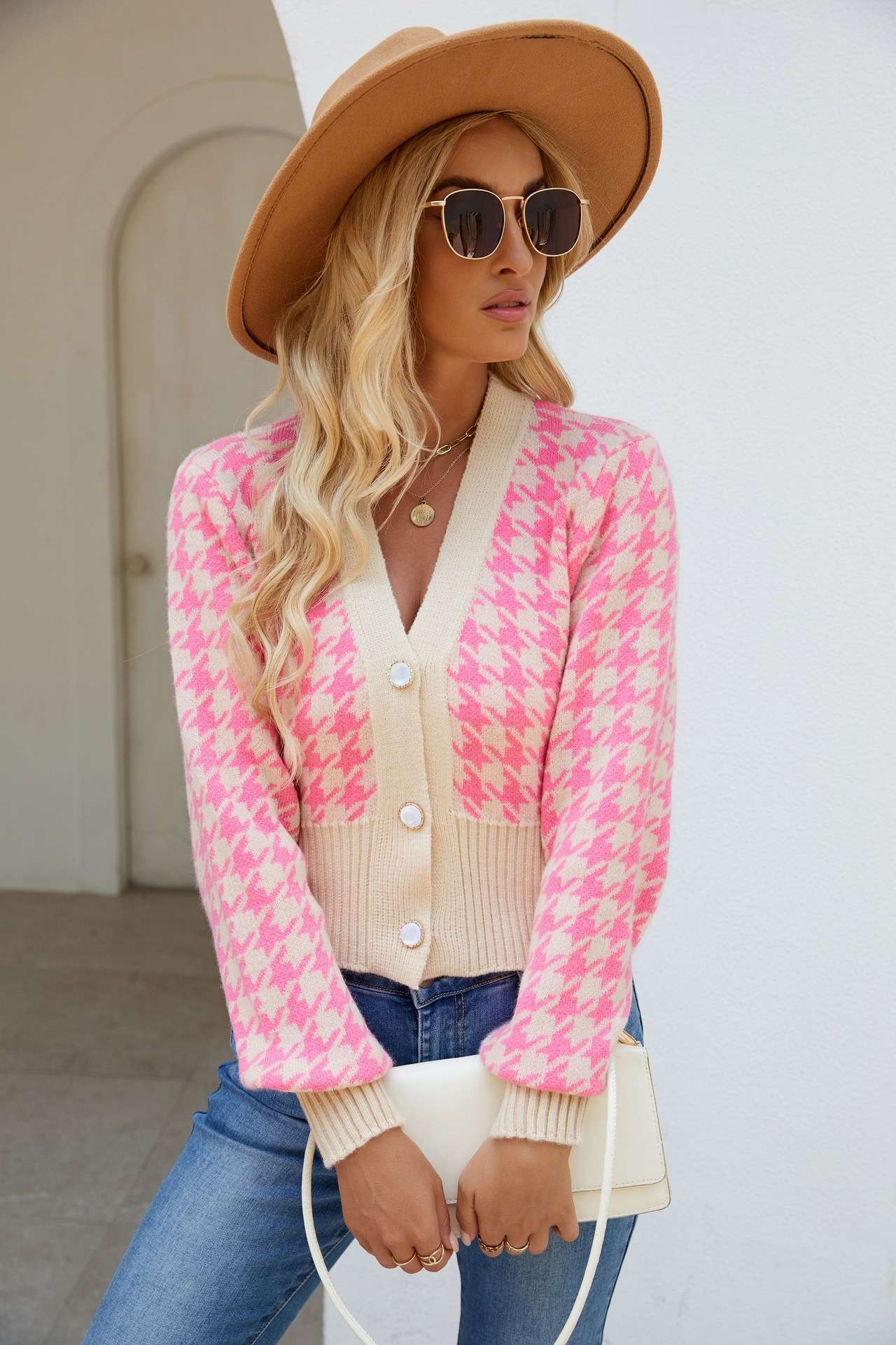 Houndstooth Knit Cardigan - L, Pink image