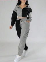 Color Block Cropped Hoodie & Cargo Joggers Set - L, Grey image