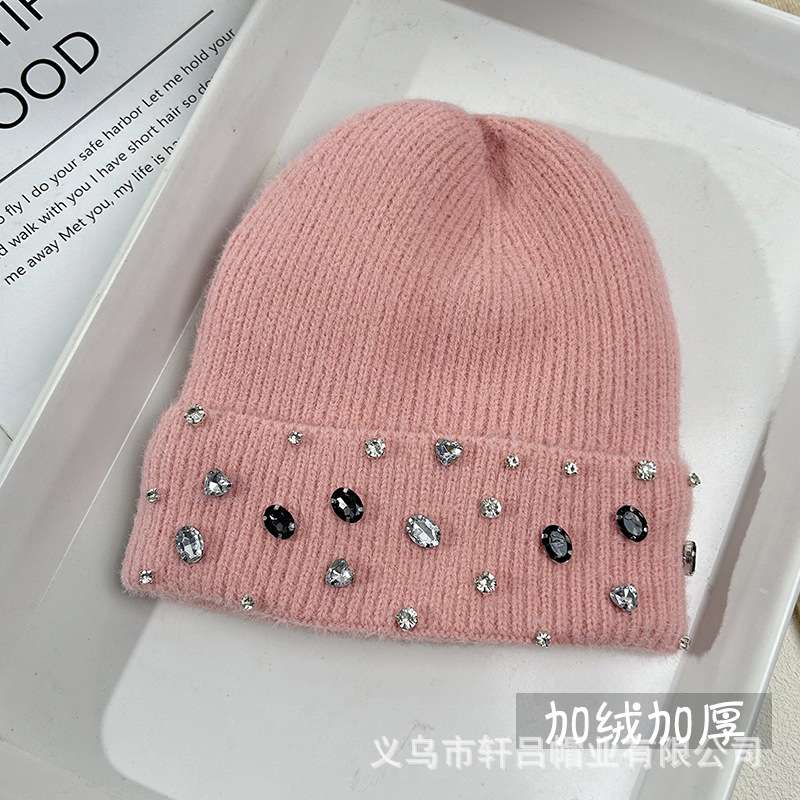 Rhinestone Beanie Soft Warm Winter Skully Hat - Free Size, Coral Blush Pink image