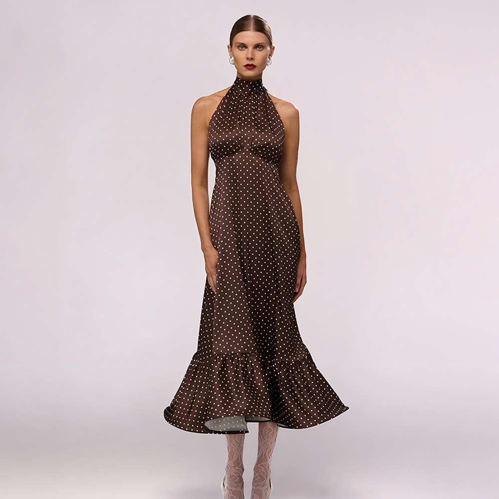 Polka Dot Halter Maxi Dress - L, Brown image