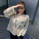 Hollow Out Crochet Knit Crop Tops Sweater - L, Beige image