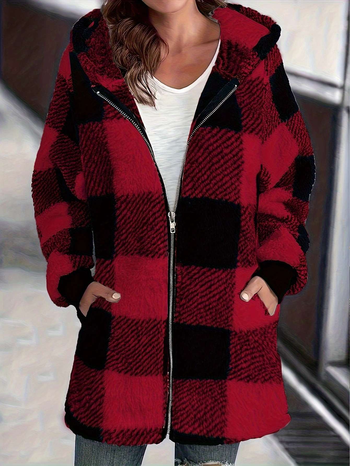 Oversized Checkered Fleece Jacket - M, Red image