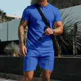 Men's Stylish Textured Zipper Polo Short Set - L, Blue image
