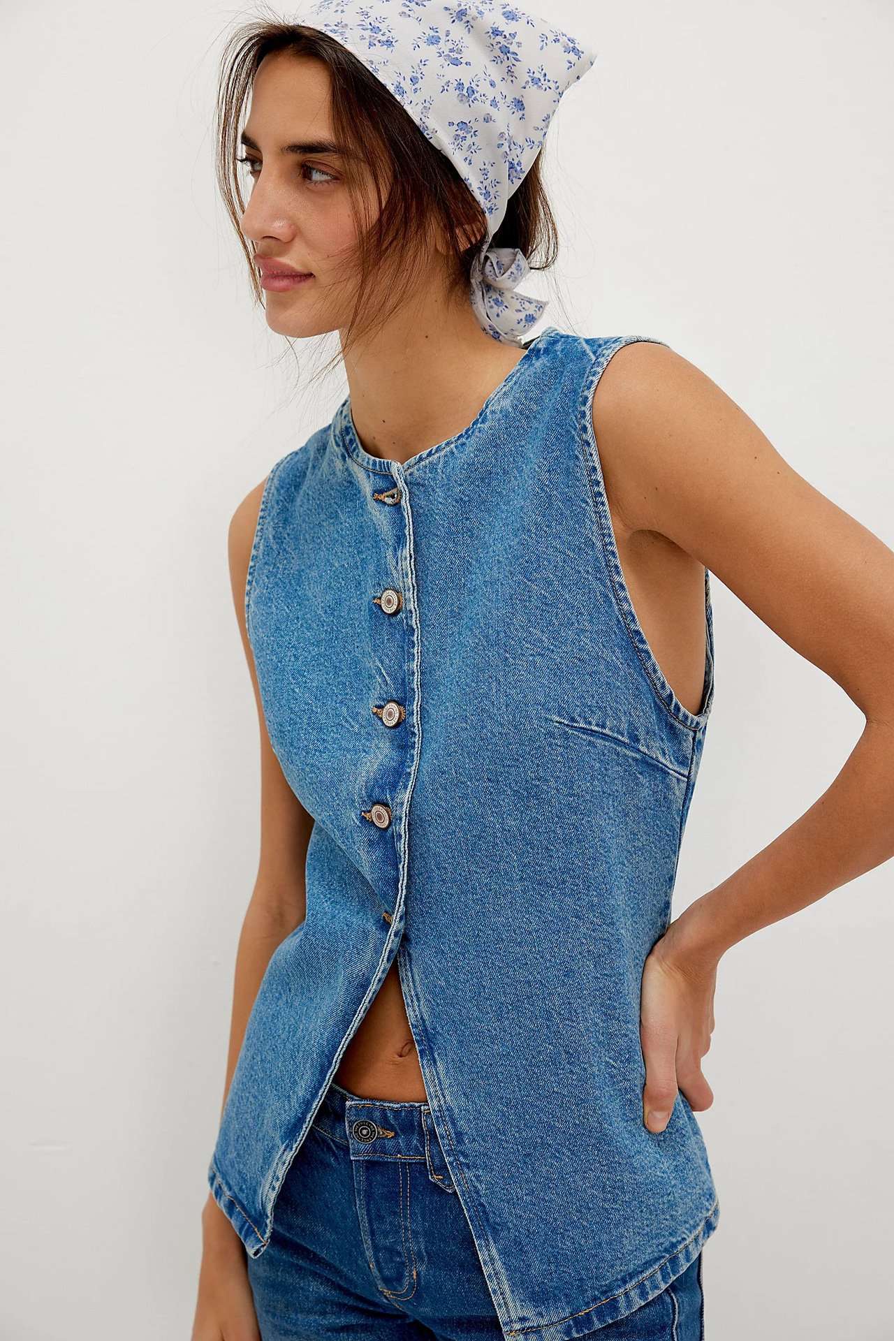 Asymmetric Button-Up Tank Top - M, Blue image