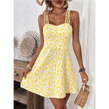 Daisy Print Summer Dress with Spaghetti Straps - S, Yellow image