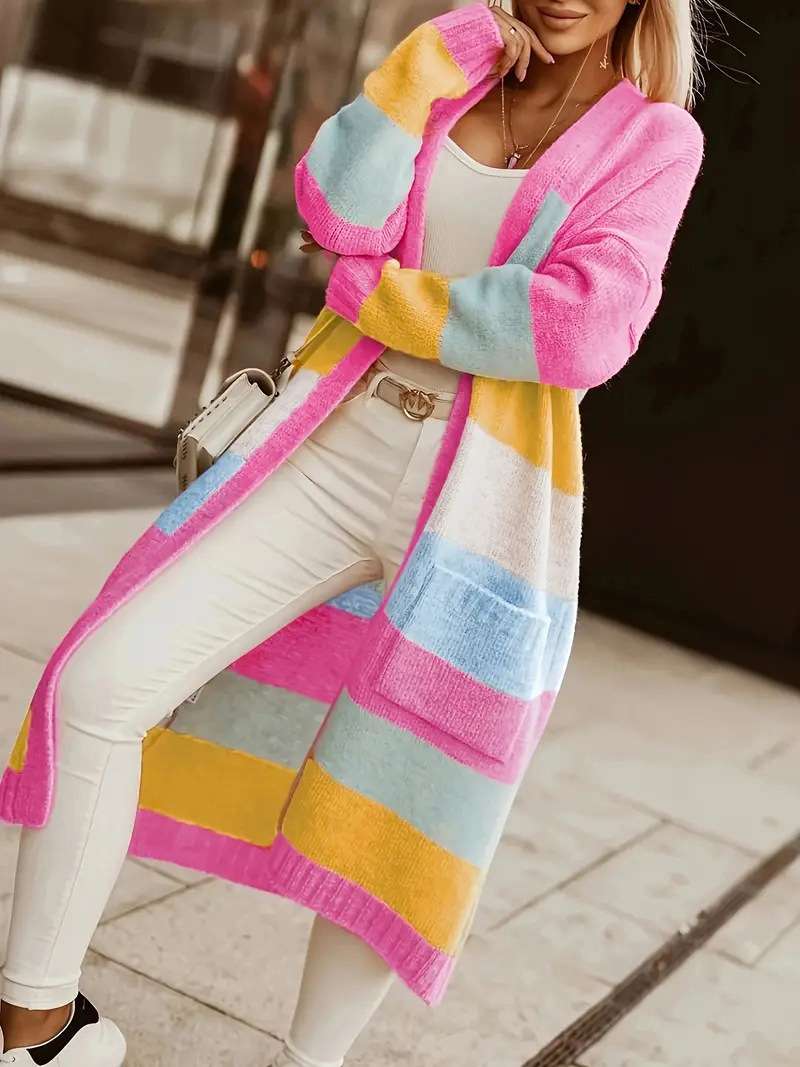 Colorful Striped Long Cardigan with Pockets image 3