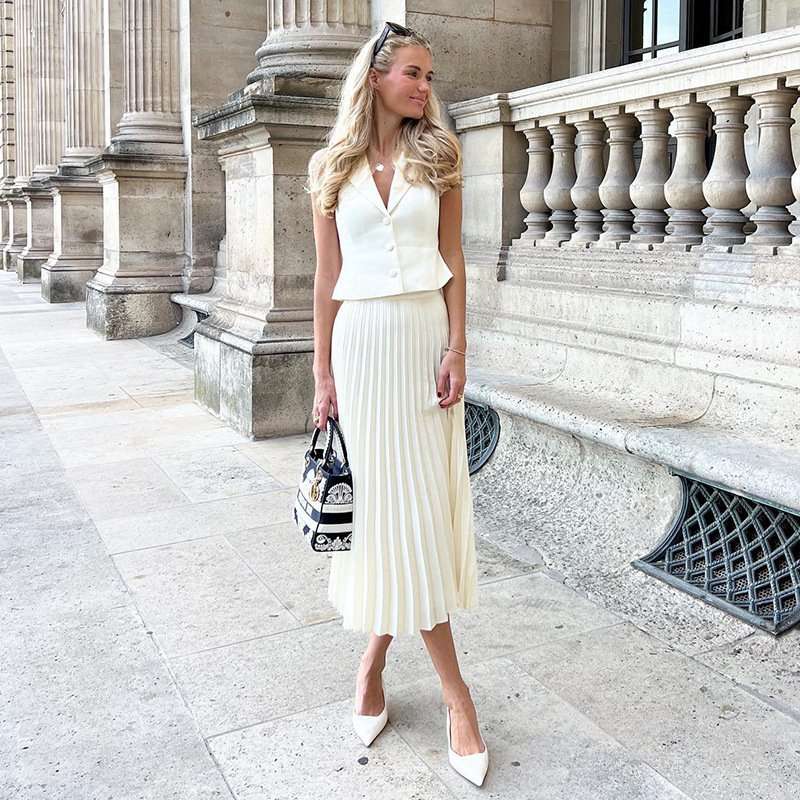 Pleated Midi Skirt & Vest Set - M, White image