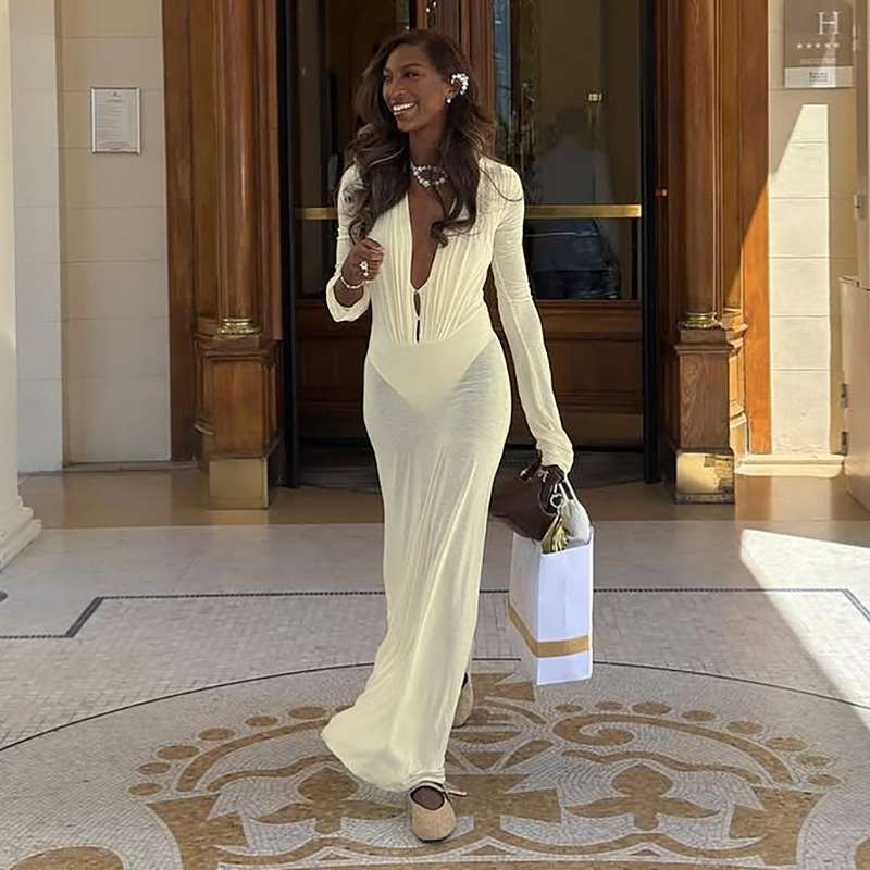 Long-Sleeve Maxi Dress - S, Beige image