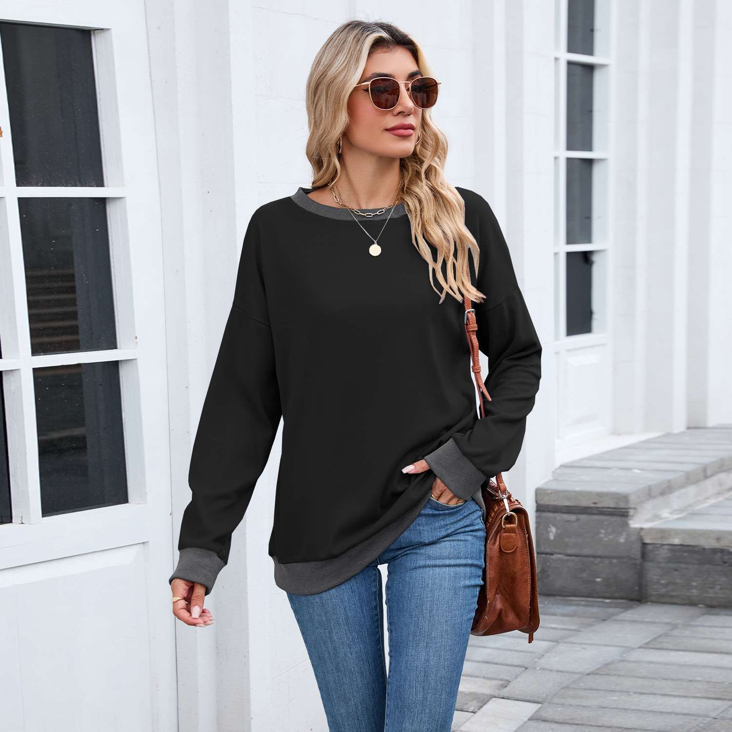 Long Sleeve Sweater with Contrast Cuffs and Hem - S, Black image