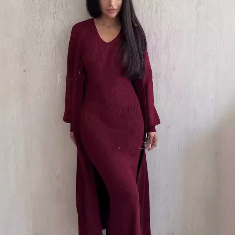 Bodycon Dress with Long Cardigan chic Set - XL, Maroon Brown image