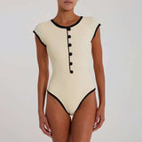 Vintage-Inspired Cap Sleeve Bodysuit - L, Cream Beige image