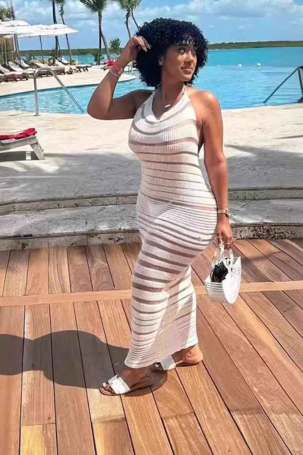 Sexy Mesh Patched Halter Neck Backless Knit Maxi Dress image 0