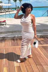 Sexy Mesh Patched Halter Neck Backless Knit Maxi Dress image 0