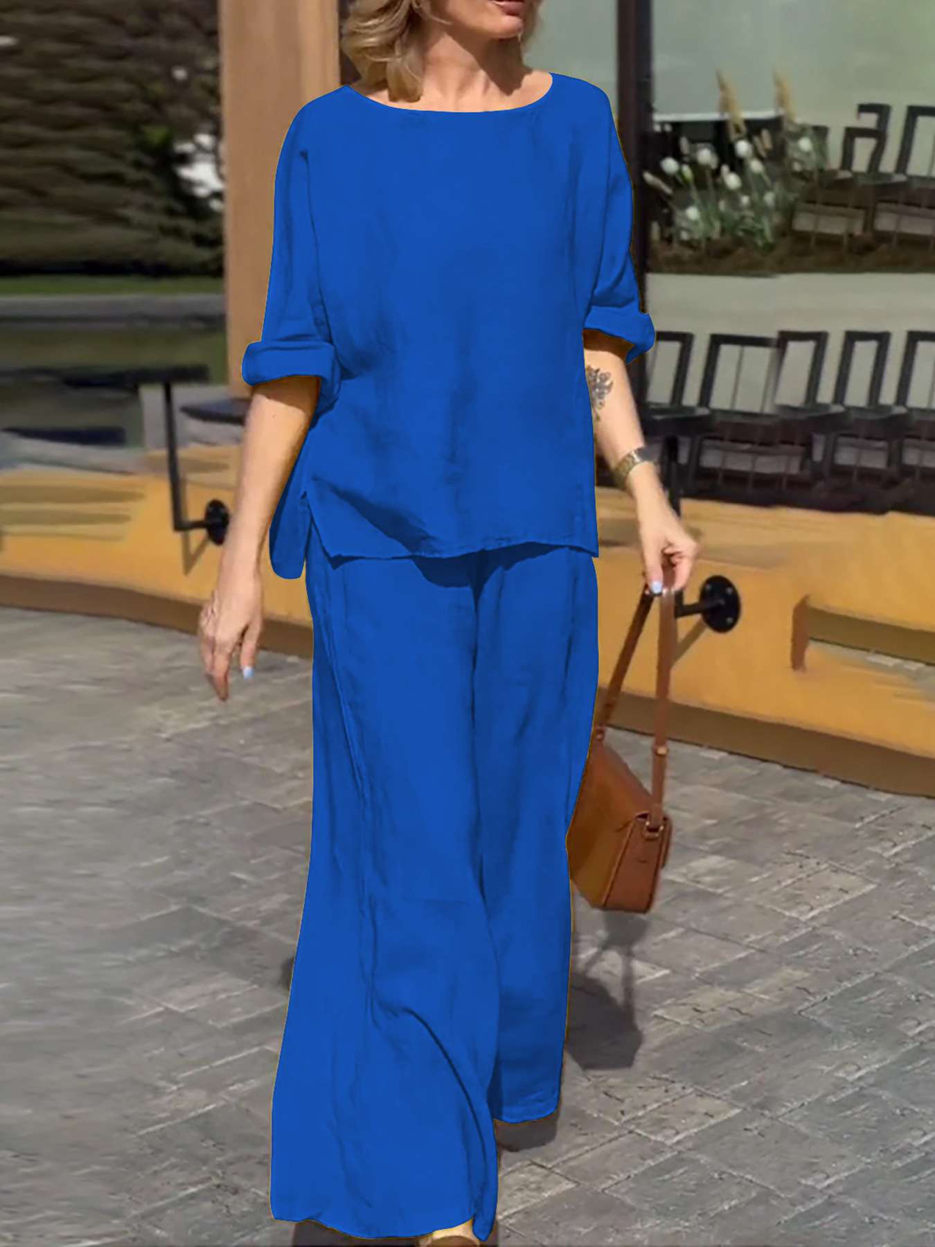 Two-Piece Wide-Leg Pants Set - M, Blue image