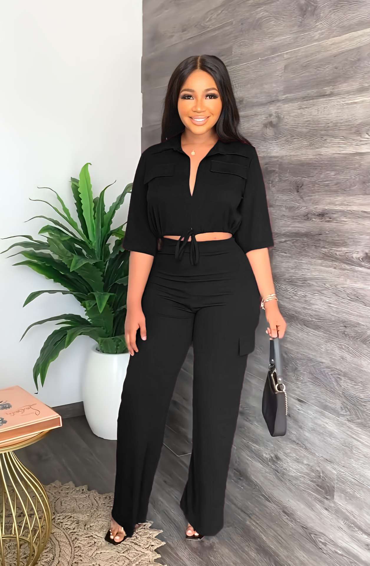 Casual Drawstring Top High Waist Pants Commuting Set - XL, Black image