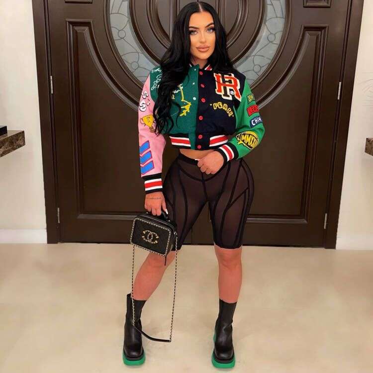 Button Up Printed Crop Bomber Jacket - L, Multi Green image