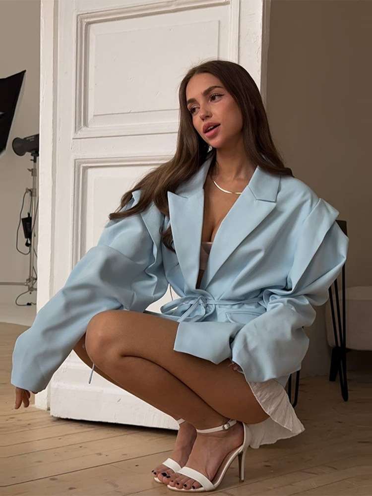 Belted Jacket with Pockets - M, Blue image