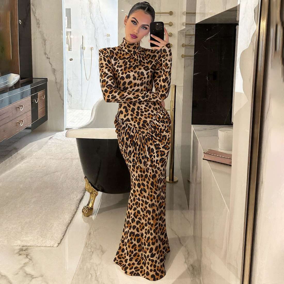 Leopard Print Maxi Dress with Turtleneck image 0