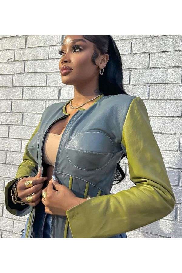 Contrast Color Zipper Cropped Jackets image 2