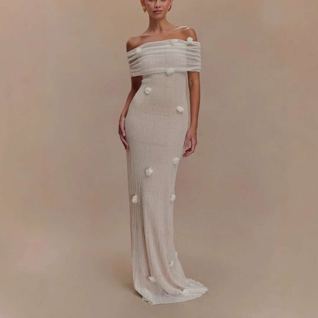 Off-Shoulder Mesh Gown - L, Beige image