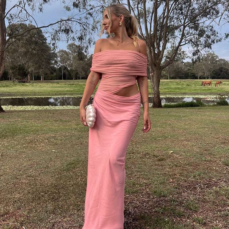 Off-Shoulder Mesh Maxi Dress - M, Pink image