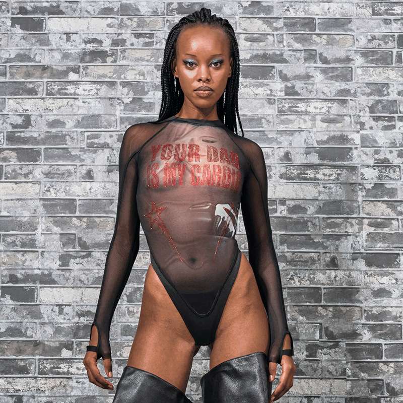 Printed Sheer Fitted Bodysuits - S, Black image