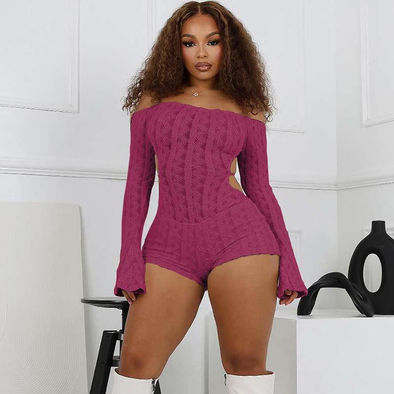 Solid Backless Slim-Fit Off-Shoulder Rompers - S, Rose image